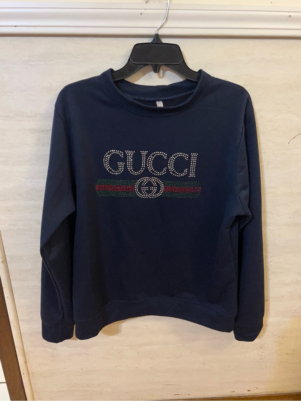 Designer Inspired Navy Crewneck Sweatshirt with Rhinestone Vintage Logo - Picture 3 of 5